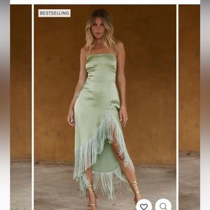 Monet Sage Fringe Satin Maxi Dress - Size M